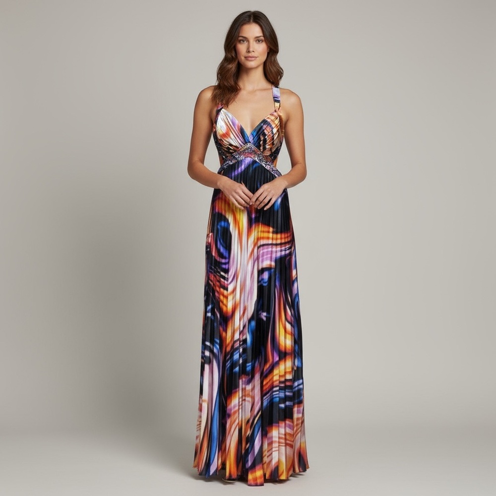 Stunning Multi Color Pleated Satin Gown